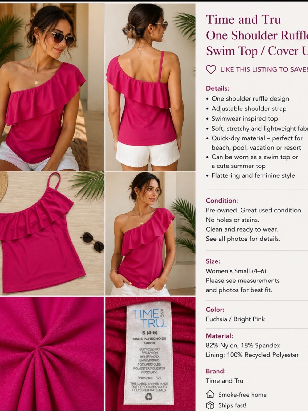 Time and Tru Bright Pink One-Shoulder Ruffle Tank
